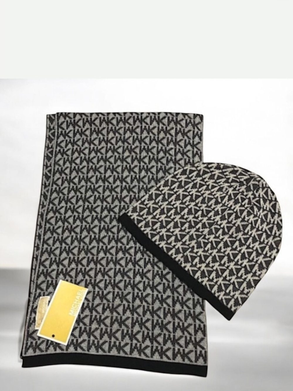 NEW Michael Michael Kors Black Grey Monogram Print Scarf and Hat Set Siz…